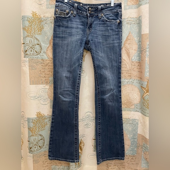 Miss Me Buckle Low Rise Boot Cut Distressed Womens Western Denim Blue Jeans 29 - Picture 1 of 17